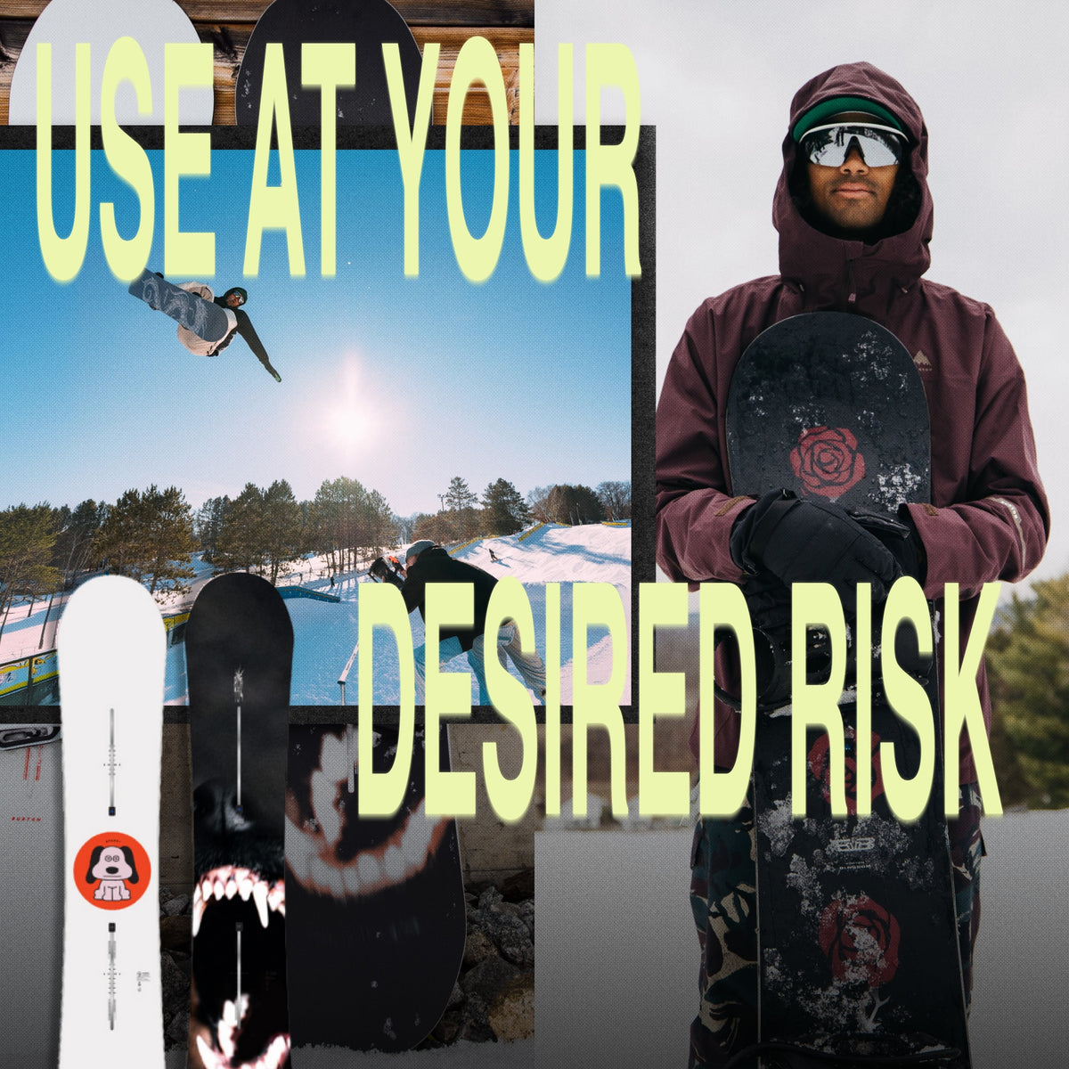 A promotional collage for snowboard bindings and snowboard graphics. On the right, a man in a burgundy hooded jacket and goggles holds a snowboard with a red rose graphic.