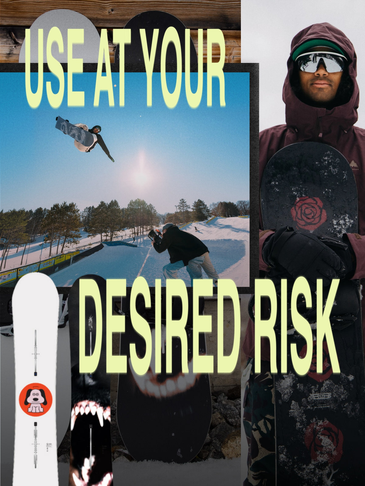 A collage-style promotional graphic for snowboards. On the left, a white snowboard with a red circular logo is shown.