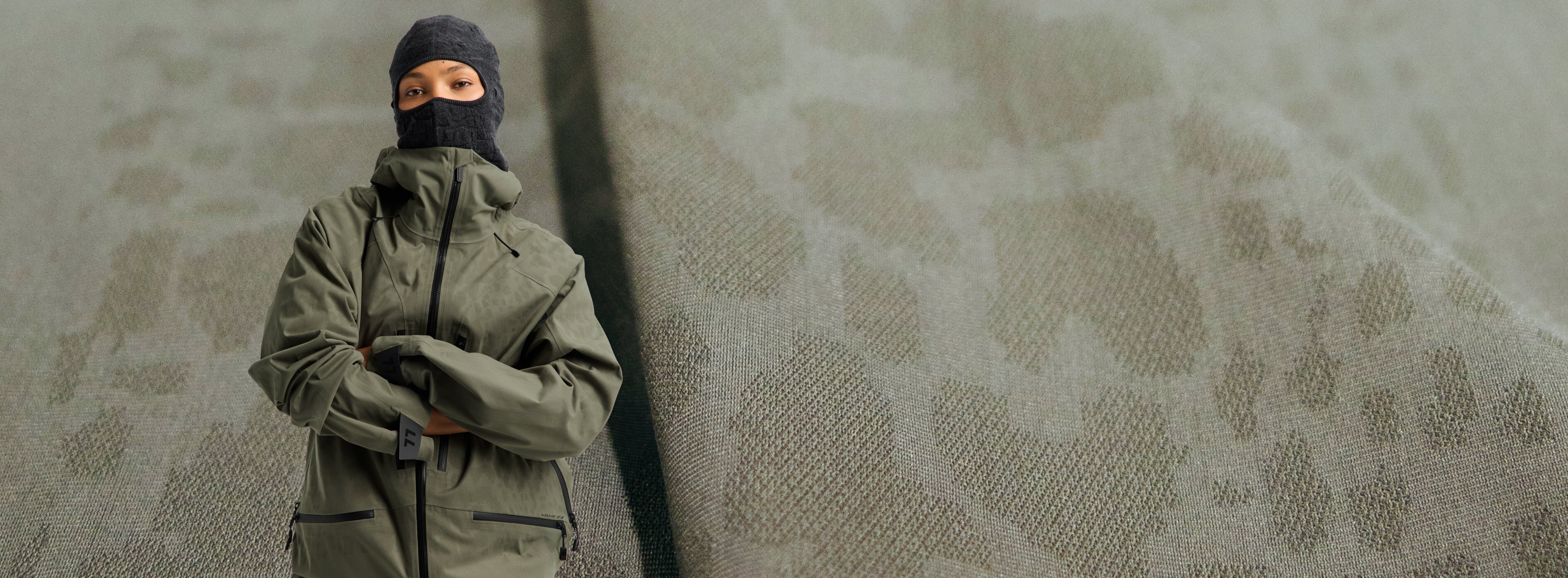 Model in current season Mine 77 overlayed over close up of the fabric