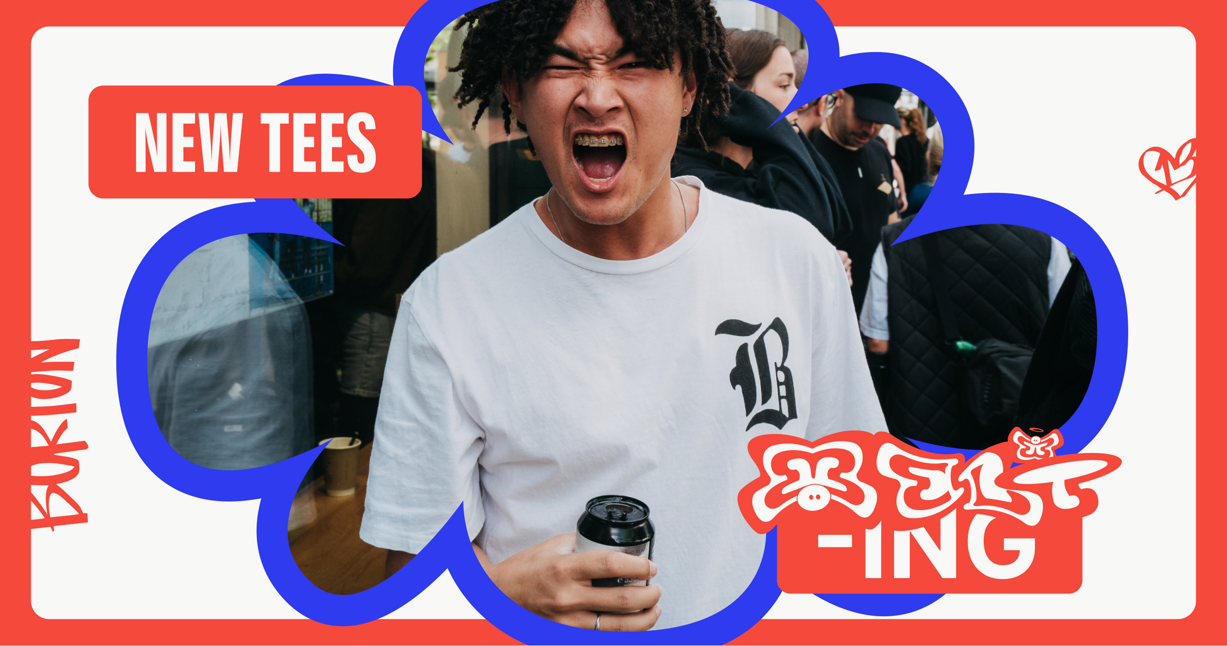 Raibu wearing a Burton t-shirt and holding a beverage at a party. This is a promotional image promoting Burton's new tees.