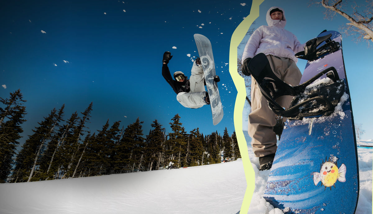 A snowboarder in midair performing a jump on a snowy mountain under a blue sky, alongside a close-up of another snowboarder holding a blue snowboard with a cartoon fish graphic. A yellow wavy line separates the two views.
