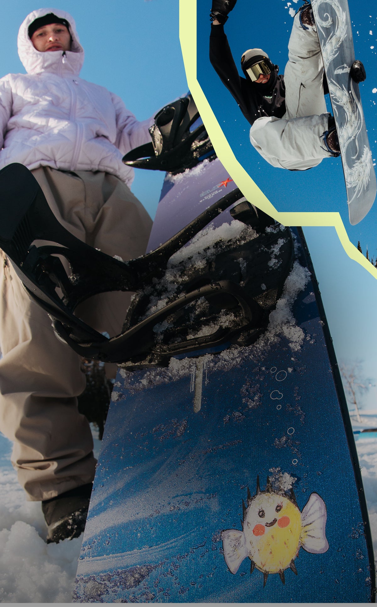 A snowboarder in midair performing a jump on a snowy mountain under a blue sky, alongside a close-up of another snowboarder holding a blue snowboard with a cartoon fish graphic. A yellow wavy line separates the two views.