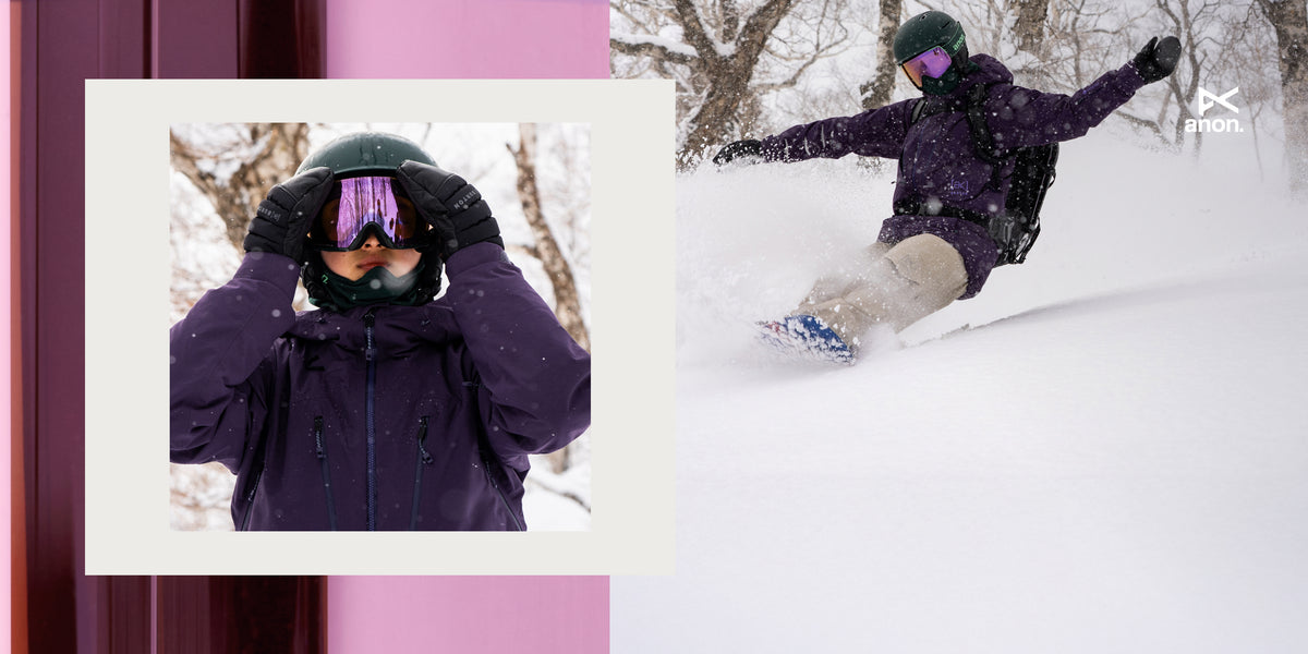 A split-screen lifestyle image showing a person in a dark purple ski jacket and helmet with reflective goggles, first adjusting them in a snowy setting and then snowboarding through deep powder snow. The left panel has a white border and is framed by a pink and dark red vertical graphic element on the far left.
