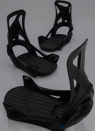 Three black snowboard bindings on a gray background