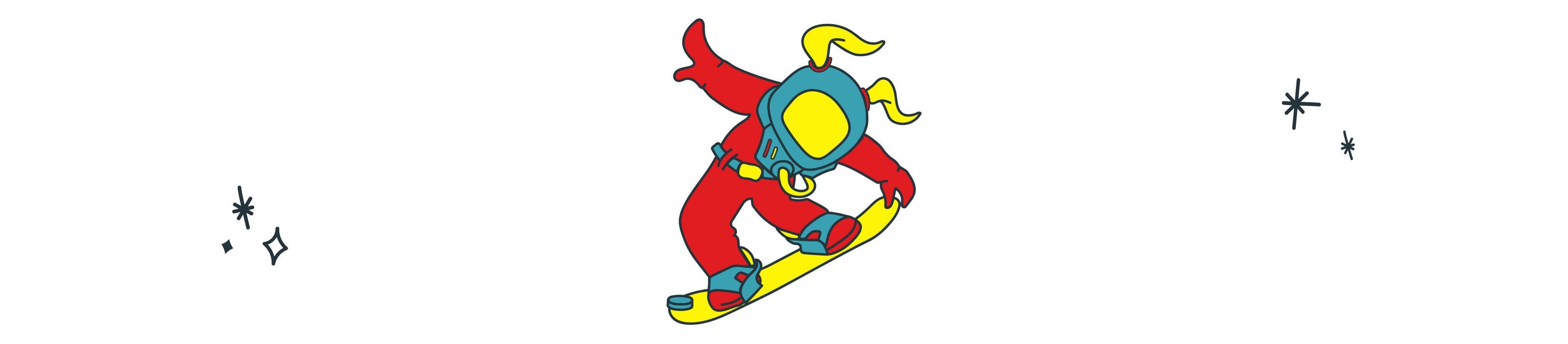 Colorful Riglet cartoon character on a snowboard on a canvas of cartoon stars