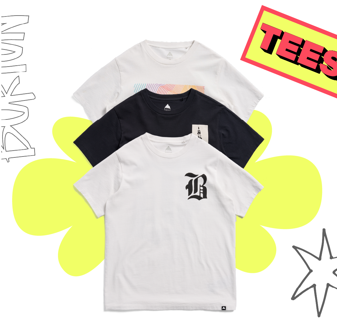 Three t-shirts in white, black, and gray on a white background with 'TEES' text and graphic elements.