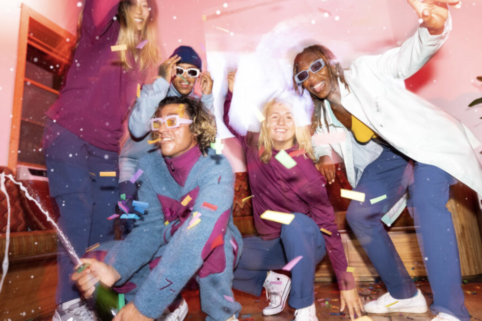 Timi Carpenter and models celebrating, wearing the Mine && streetwear pieces from Nov 2021