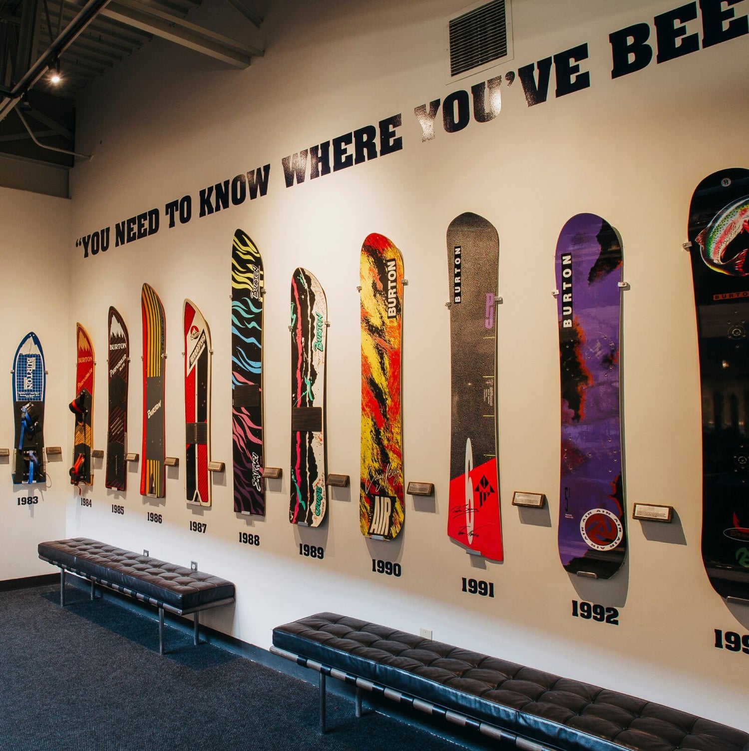 Historical snowboard wall at Burton HQ