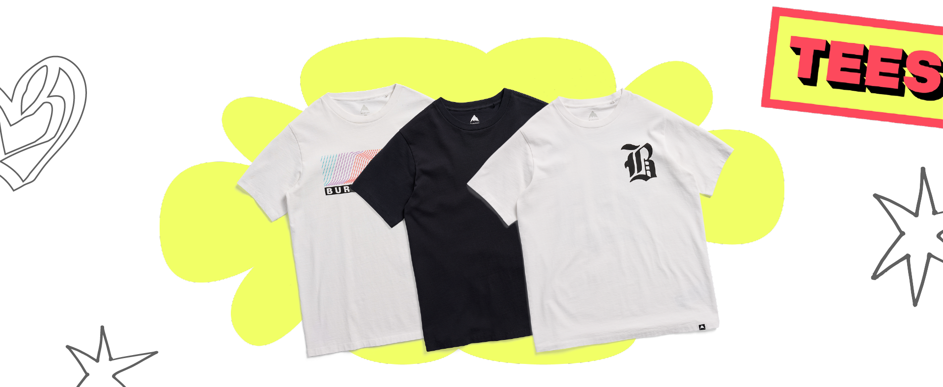 Three t-shirts in black, white, and gray on a yellow background with 'TEES' text.